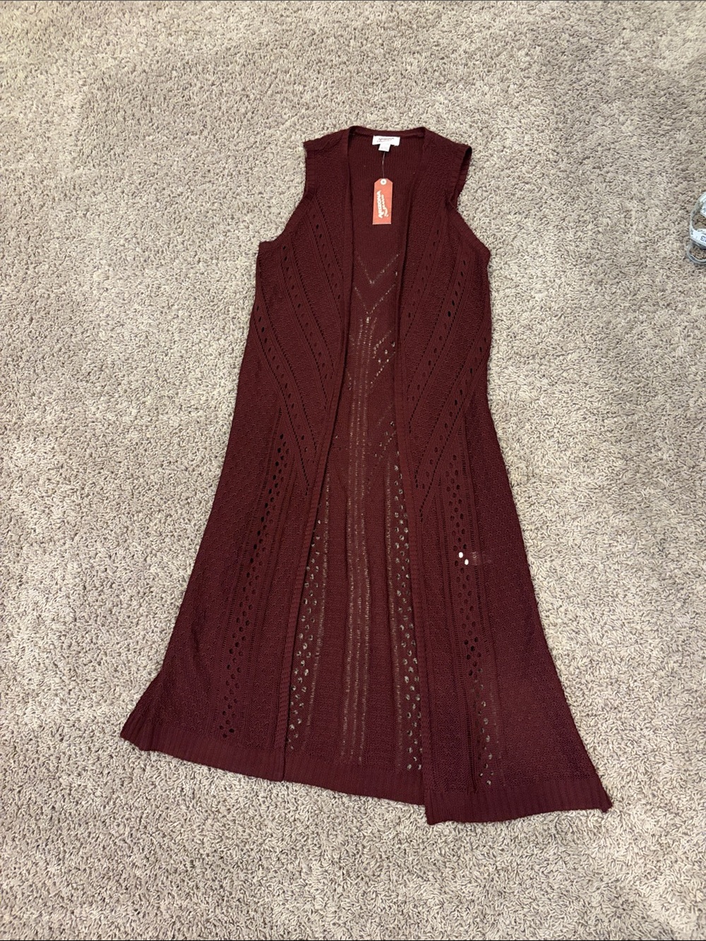 Arizona Jean Company Long Open-Knit Sleeveless Cardigan - Burgundy